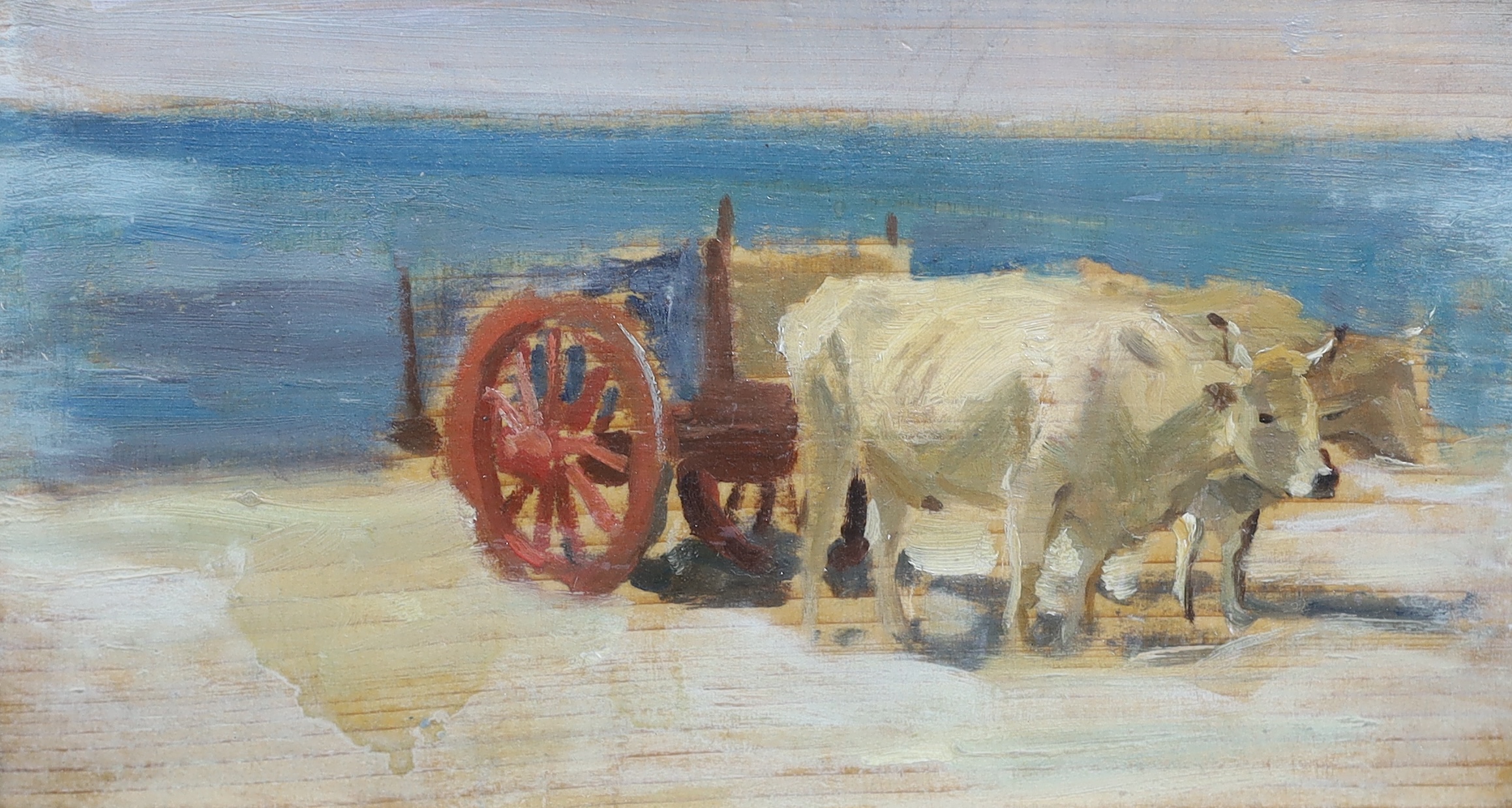 Arthur Lemon (1850-1912), oil on wooden panel, Sketch of oxen pulling a cart, 10 x 19cm